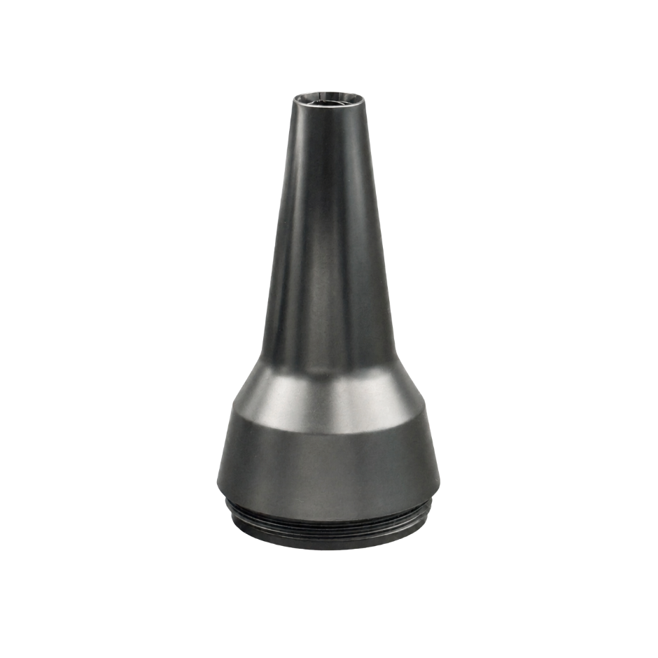 Ein metallischer, konischer Düsenaufsatz mit schmaler Spitze und breiter Basis für die Optimize Akku Luftgebläse der Optimize GmbH, dargestellt auf einem schlichten weißen Hintergrund.