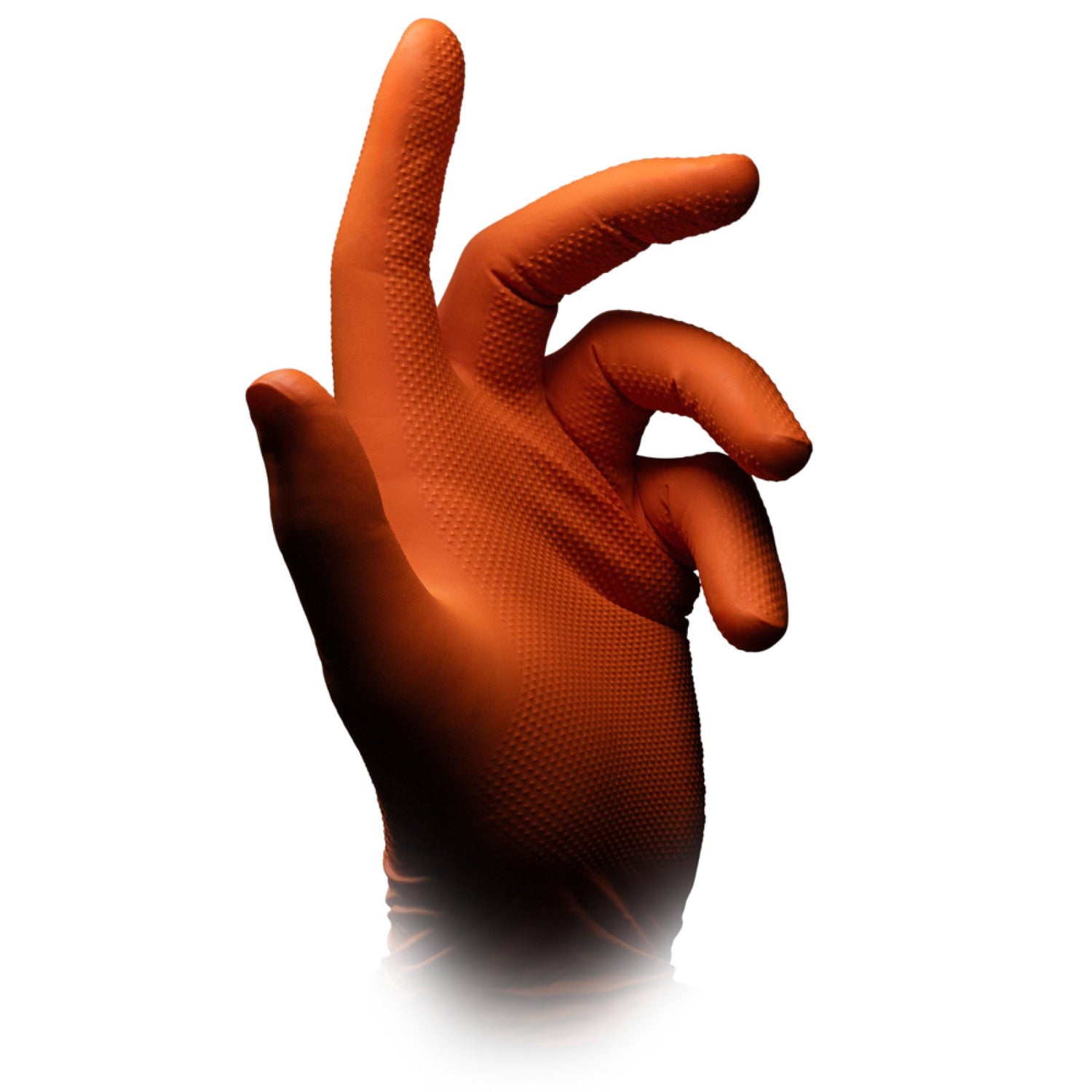 Eine Hand in einem Alpha Handschuh der Optimize GmbH, mit strukturierter oranger Oberfläche, bildet einen Kreis vor weißem Hintergrund - der perfekte Einmalhandschuh für Arbeiten am Fahrrad oder ähnliche Schutzaufgaben.