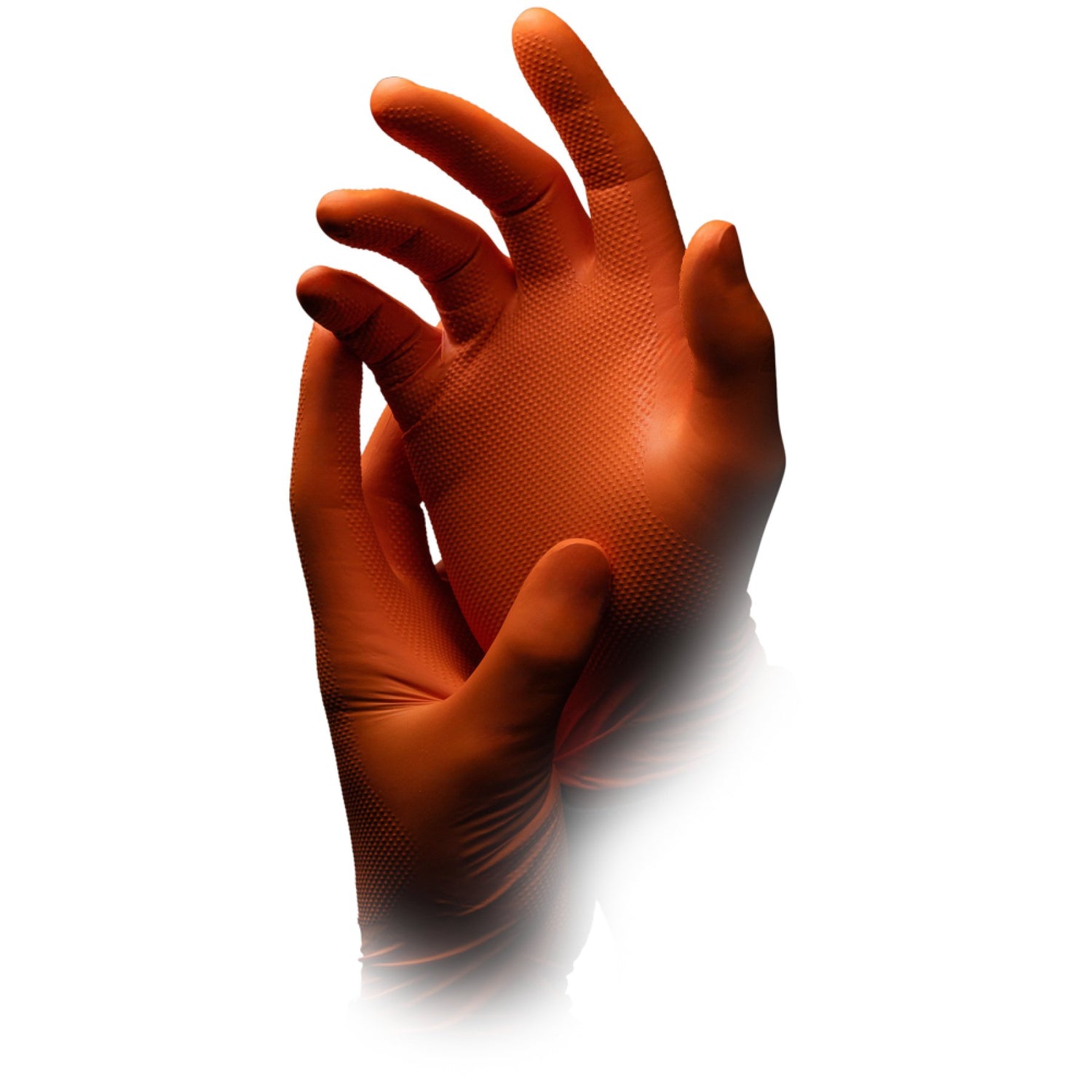 Zwei Hände in texturierten, orangefarbenen Alpha Handschuhen der Optimize GmbH sind vor weißem Hintergrund abgebildet. Eine Hand zieht der anderen den Handschuh an, die Finger sind leicht nach oben gebogen - perfekt für Arbeiten am Fahrrad.