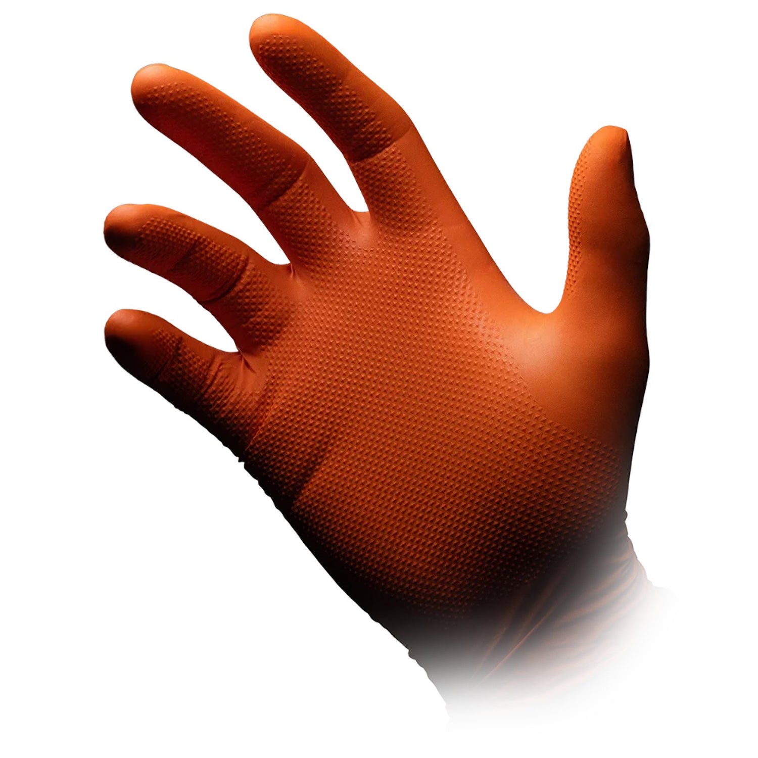 Eine Hand in einem orangefarbenen, strukturierten Alpha Handschuh der Optimize GmbH ist mit leicht gespreizten Fingern vor einem weißen Hintergrund abgebildet - perfekt für Arbeiten am Fahrrad oder jede Aufgabe, die einen zuverlässigen Einmalhandschuh-Schutz erfordert.