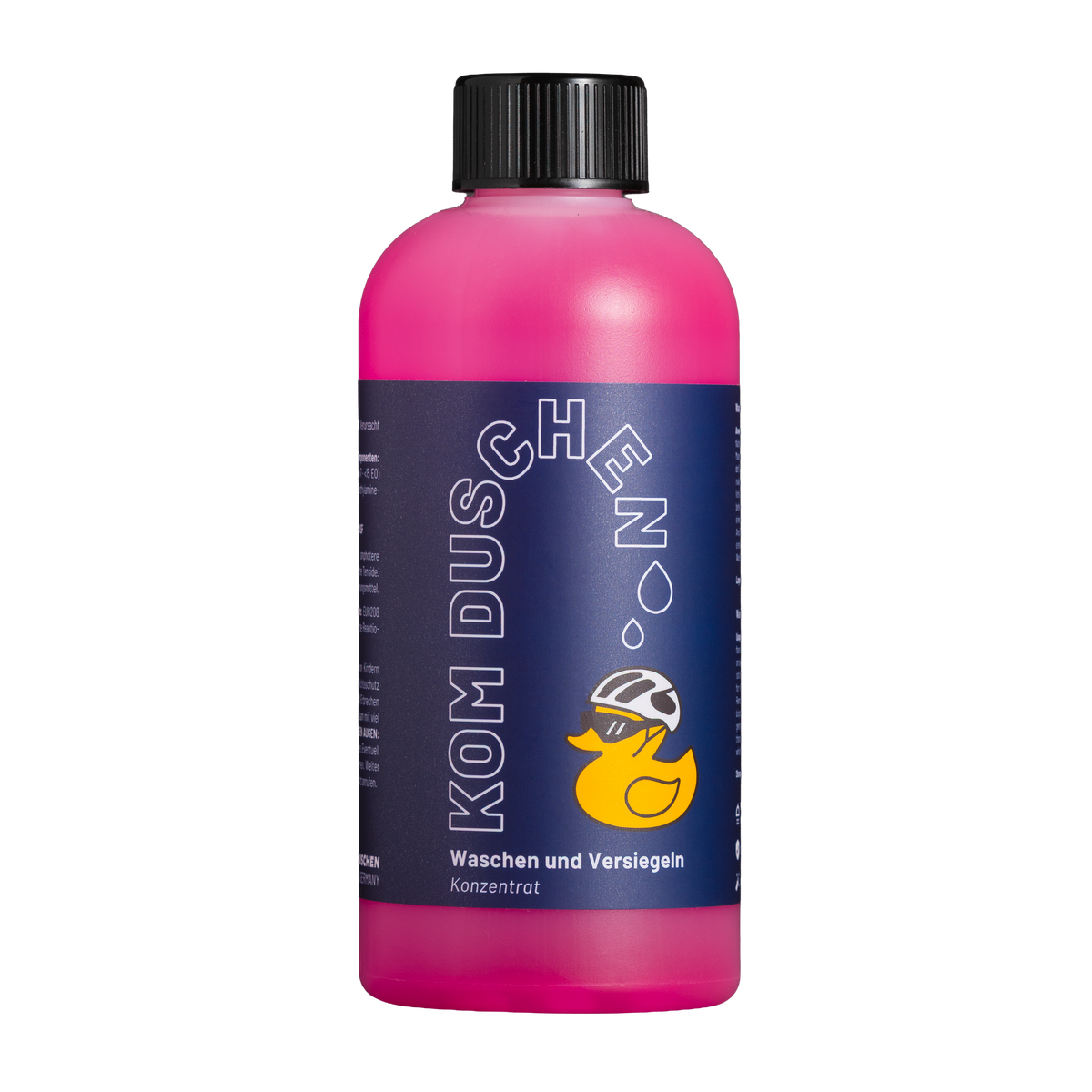 Eine Flasche Waschen und Versiegeln – Konzentrat in Rosa, auf deren Etikett eine Gummiente mit Fahrradhelm abgebildet ist.