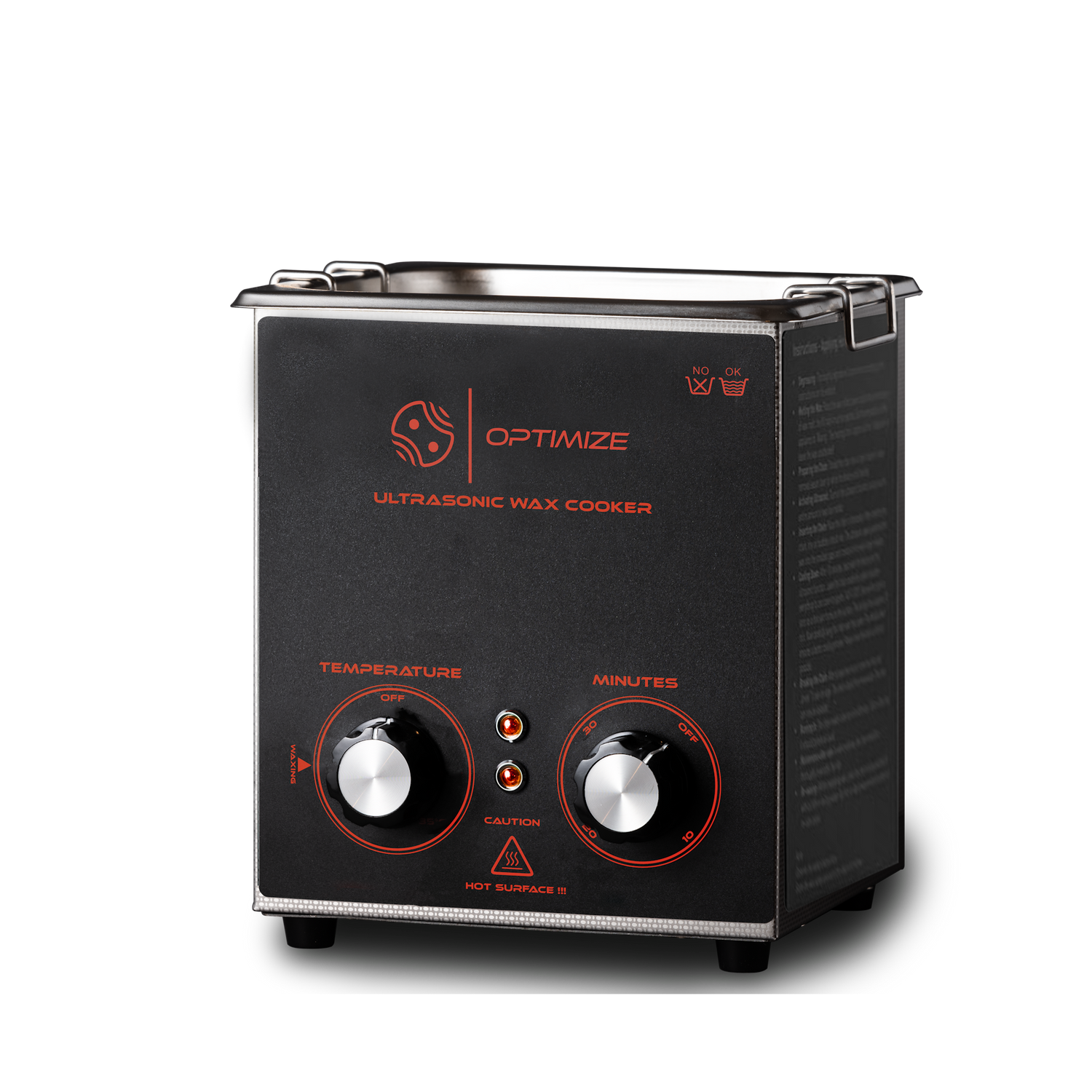 Der Optimize Ultraschall Wachskocher von Optimize in Schwarz und Silber ist für Heißwachs oder Kettenwachs konzipiert und verfügt über Temperatur- und Minutenzifferblätter, ein Optimize-Logo und Sicherheitshinweise auf grauem Hintergrund.