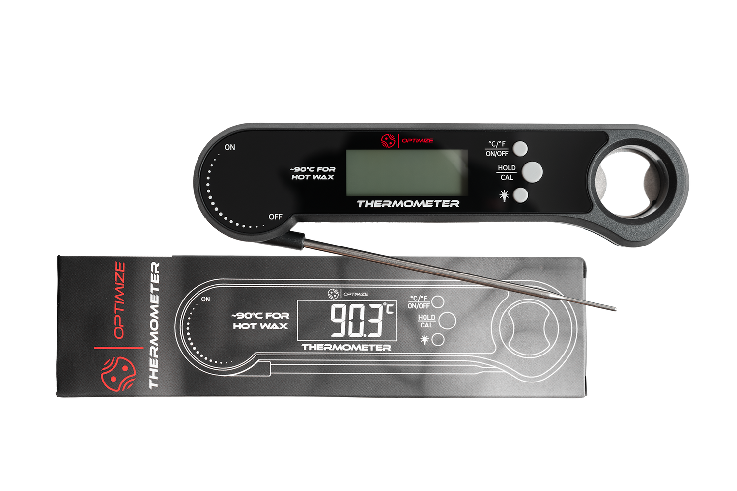 Das Optimize Thermometer von Optimize mit Metallfühler und schwarzem Gehäuse zeigt 90,3 °C an - ideal zum Erhitzen von Kettenwachs. Der Karton zeigt eine Abbildung des Thermometers mit detaillierten Produktinformationen.