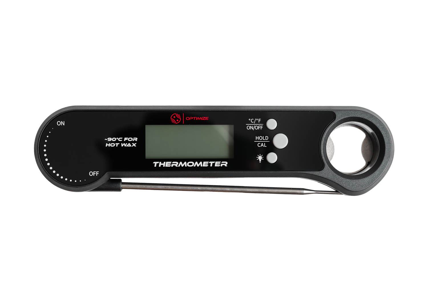 Das Optimize Thermometer von Optimize verfügt über ein schwarzes Gehäuse, eine LCD-Anzeige, °C/°F- und HOLD-Tasten, eine Metallsonde sowie Ein- und Ausschaltfunktionen. Ideal für die Verwendung von heißem Wachs mit -30°C bis zur Anzeige. Zeigt