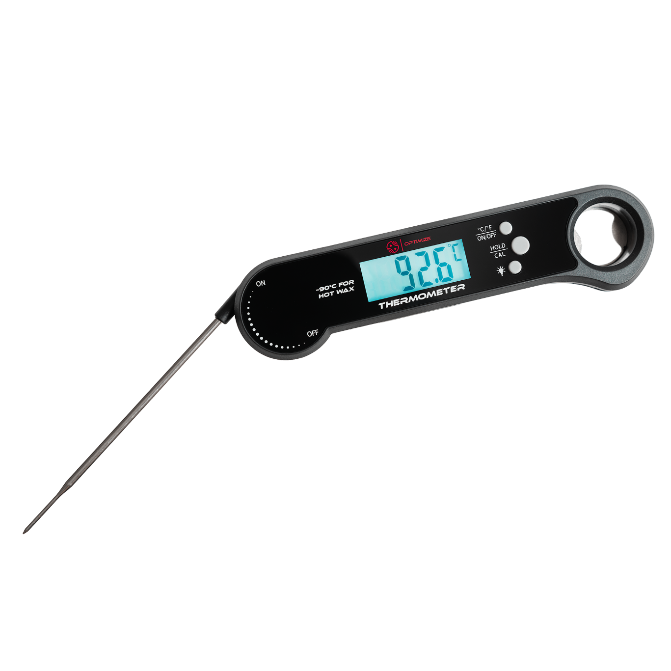 Das Optimize Thermometer von Optimize verfügt über eine Metallsonde, ein schwarzes Kunststoffgehäuse und ein blau beleuchtetes Display, das 92,5°F anzeigt - perfekt zum Erwärmen von Kettenwachs. Die einfach zu bedienenden Tasten für Einschalten und Kalibrierung sorgen für präzise digitale Messwerte.