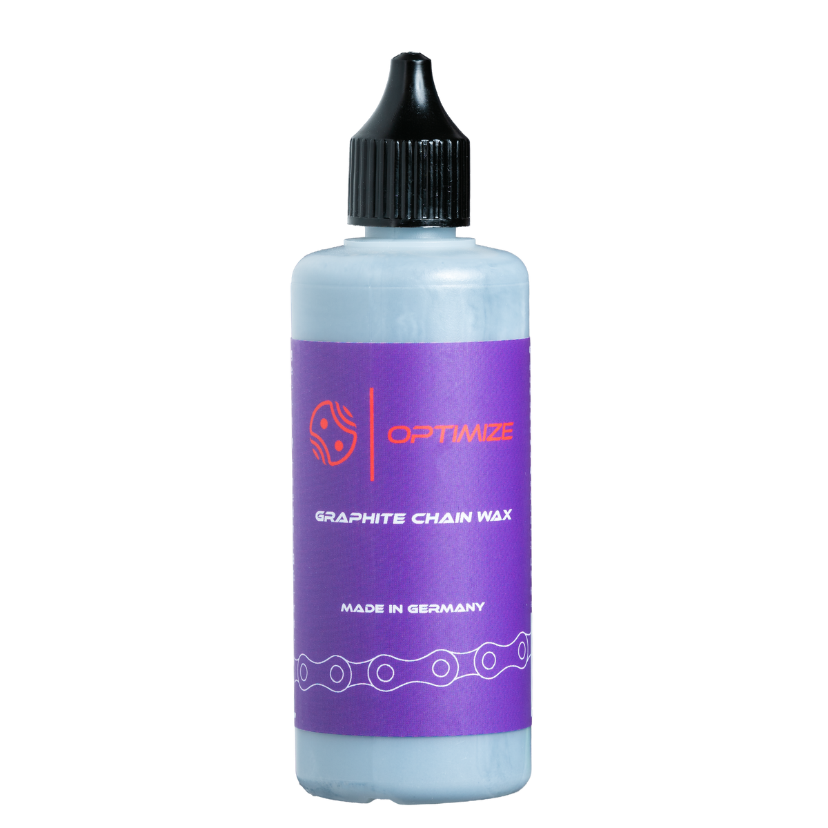 Eine Flasche Optimize Graphit-Kettenwachs von Mein Shop hat ein violettes Etikett, eine schwarze Verschlusskappe, den weißen Schriftzug Made in Germany und unten eine abgebildete Fahrradkette.