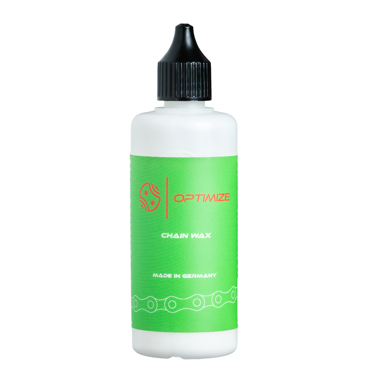 Eine weiße Flasche mit schwarzer Ausgießspitze und grünem Etikett mit der Aufschrift Optimize Kettenwachs by Mein Shop, auf dem unten CHAIN WAX MADE IN GERMANY sowie eine Kettengrafik zu sehen sind.