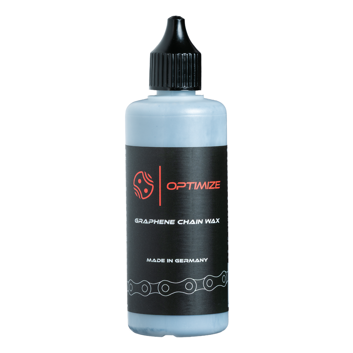 Eine Flasche Optimize Graphen-Kettenwachs von Mein Shop mit schwarzem Etikett und schwarzer Kappe ist mit rot-weißer Beschriftung sowie einer Kettengrafik versehen, die vor weißem Hintergrund maximale Laufleistung verspricht.