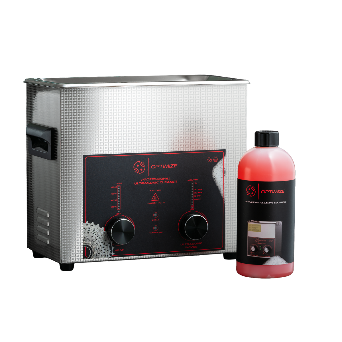 Das Professional Ultraschallbad-Set von Fast Bundle mit Drehreglern, einer digitalen Anzeige und der roten Optiwize-Ultraschallreinigungslösung eignet sich perfekt zum Reinigen von Antriebskomponenten oder zur professionellen Fahrradreinigung.