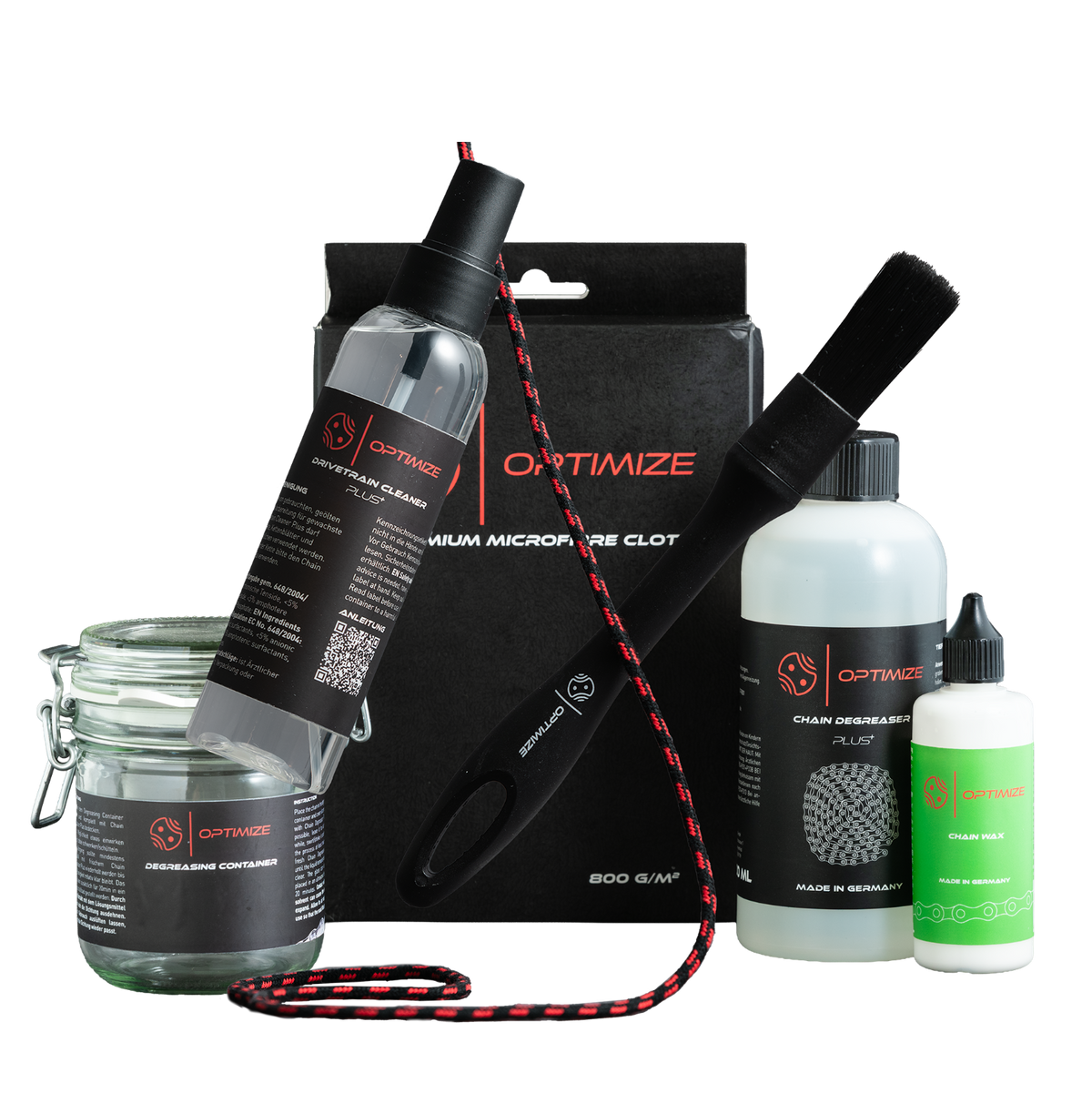 Das Fast Bundle Wachs Starterset – Basic enthält ein Glas, eine Sprühflasche, ein Mikrofasertuch, eine Bürste, einen Entfetter und Kettenwachs – alles, was Sie für die komplette Wartung Ihres Antriebsstrangs benötigen.