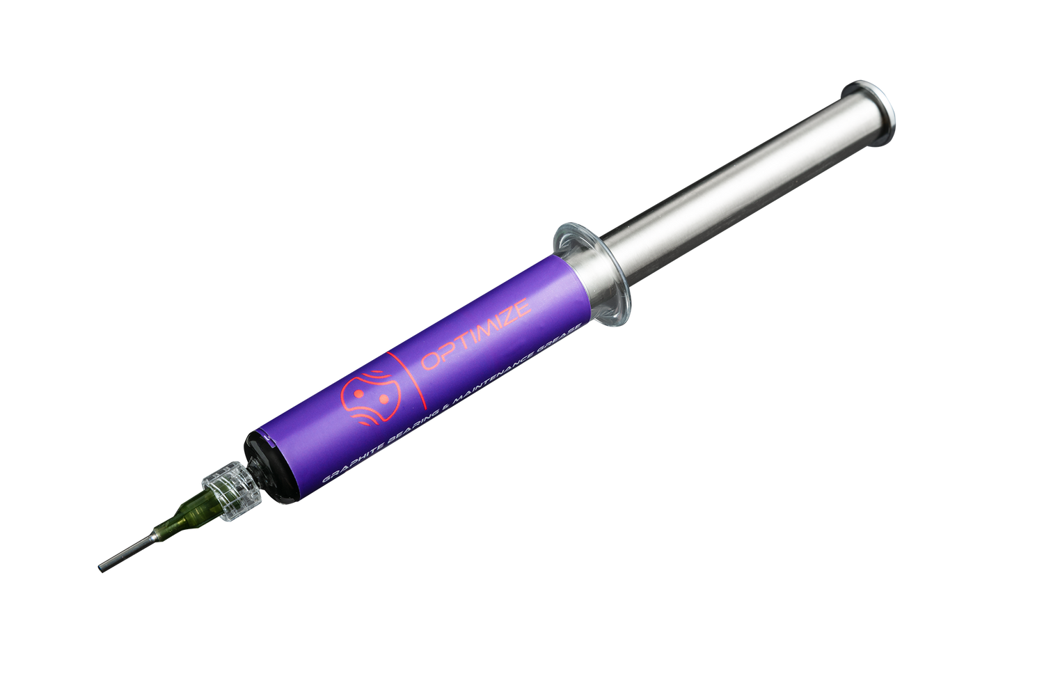 Eine silberne und violette Spritze mit einer dünnen Nadel und der Aufschrift