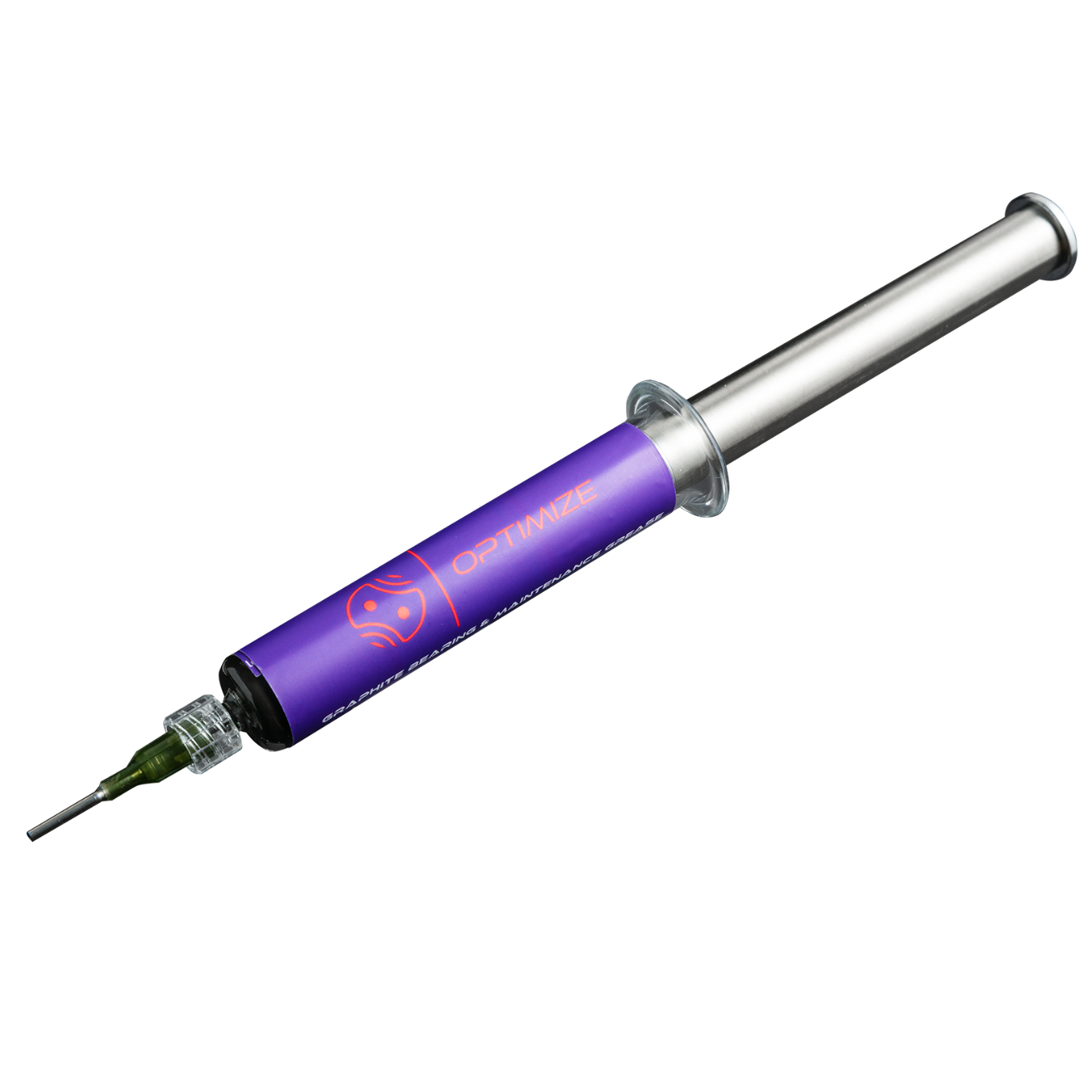 Eine silberne und violette Spritze mit einer dünnen Nadel und der Aufschrift