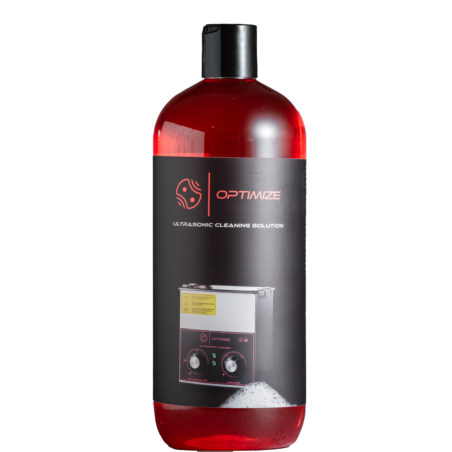 Eine große rote Flasche Optimize Ultraschall Reinigungsflüssigkeit von Optimize, mit einem Ultraschallreiniger Bild auf dem Etikett, ideal für Fahrradketten Reiniger und Ketten entfetten, vor einem weißen Hintergrund gesetzt.
