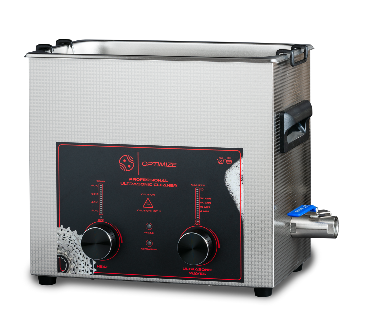 Das Optimize Professional Ultraschallbad 6,5L von Optimize GmbH verfügt über ein schwarz-rotes Bedienfeld mit zwei Drehknöpfen, Kontrollleuchten und seitlichen Griffen - perfekt für die Reinigung von Fahrradkomponenten. Auf der Vorderseite prangt das Markenlogo.