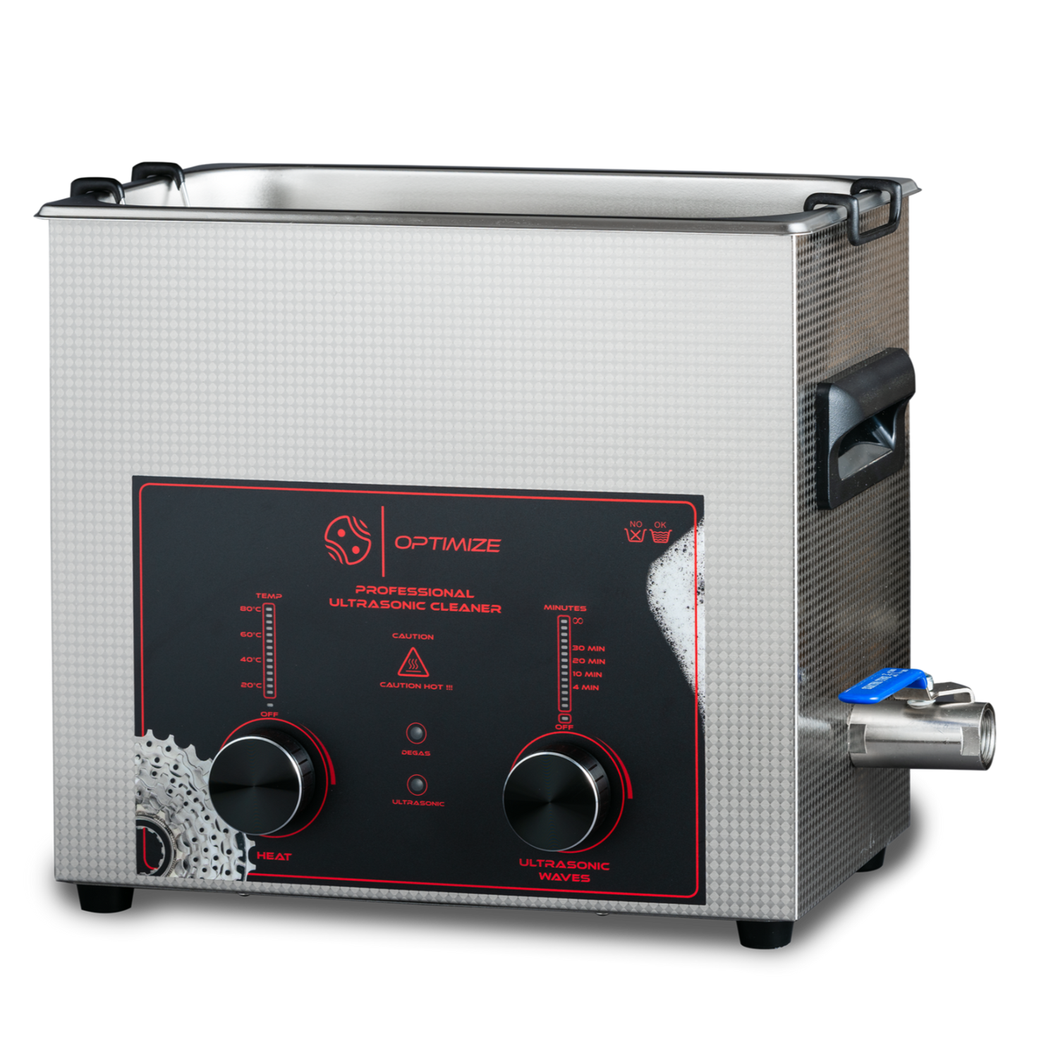 Das Optimize Professional Ultraschallbad 6,5L von Optimize GmbH verfügt über ein schwarz-rotes Bedienfeld mit zwei Drehknöpfen, Kontrollleuchten und seitlichen Griffen - perfekt für die Reinigung von Fahrradkomponenten. Auf der Vorderseite prangt das Markenlogo.