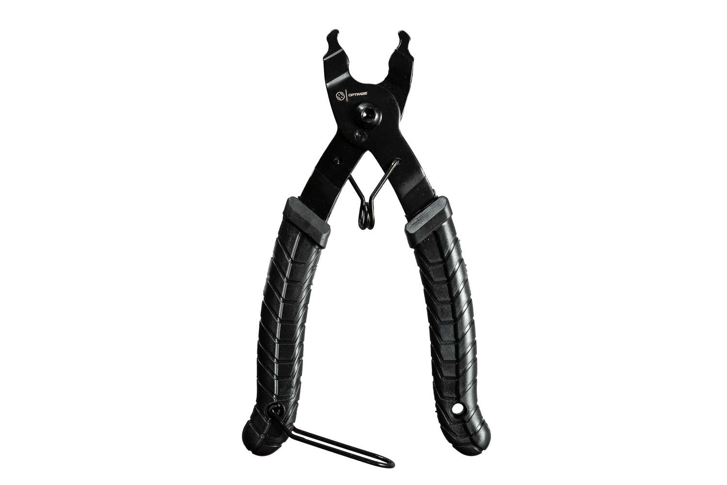 Die Optimize Basic Kettenschloss Zange der Optimize GmbH ist ein schwarzes, zangenähnliches Werkzeug mit strukturierten Griffen zum Entfernen oder Montieren von Fahrrad-Hauptkettengliedern, dargestellt auf weißem Hintergrund.