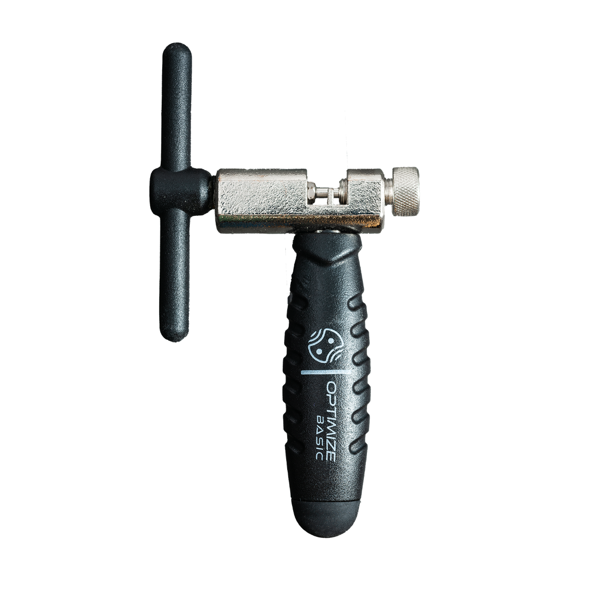 Der Optimize Basic Kettennieter der Optimize GmbH ist ein schwarz-silbernes Fahrradkettenwerkzeug mit T-Griff, strukturiertem Griff und abnehmbarem Stift zum Kürzen von Ketten, beschriftet mit