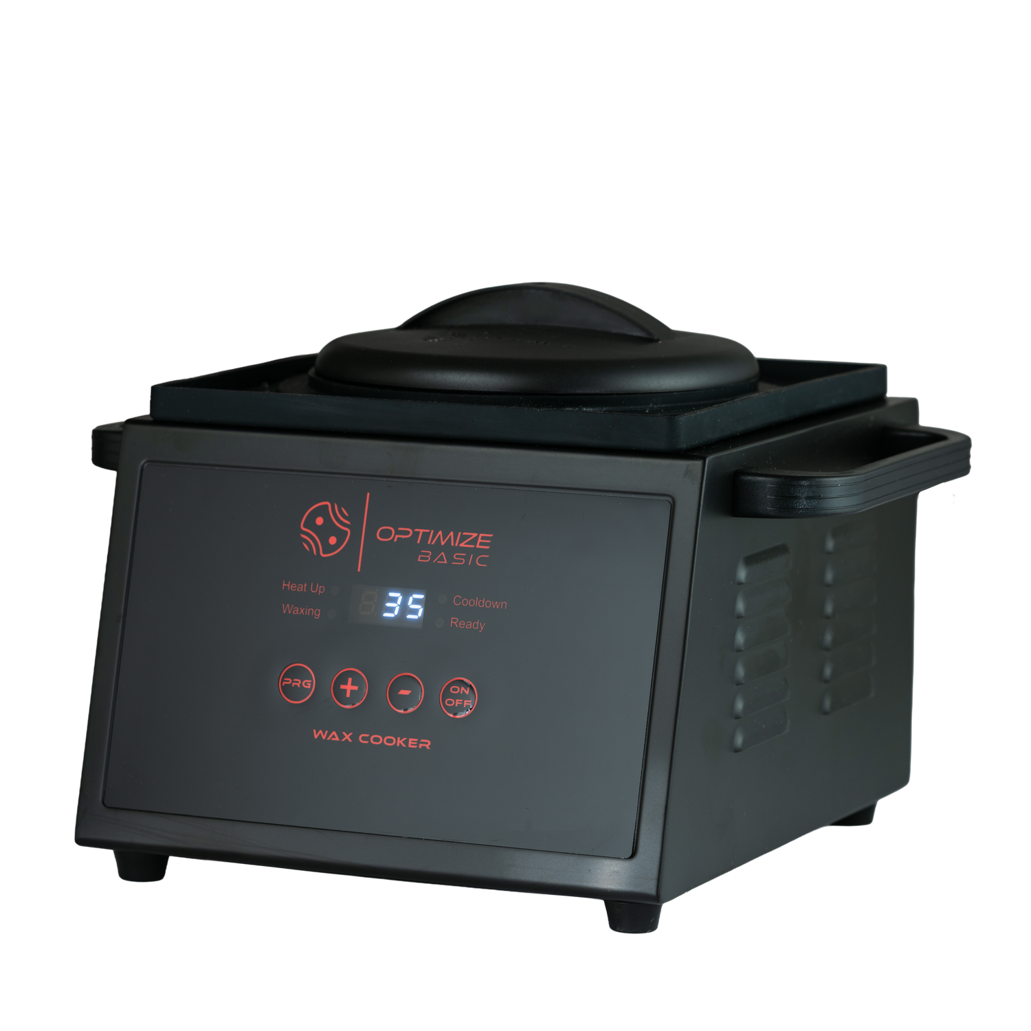 Der Optimize GmbH Optimize Automatik Wachskocher 2.0 in Schwarz verfügt über seitliche Griffe, ein digitales Display mit der Anzeige 35 und Bedienknöpfe zur präzisen Temperatureinstellung, abgebildet auf einem schlichten weißen Hintergrund.