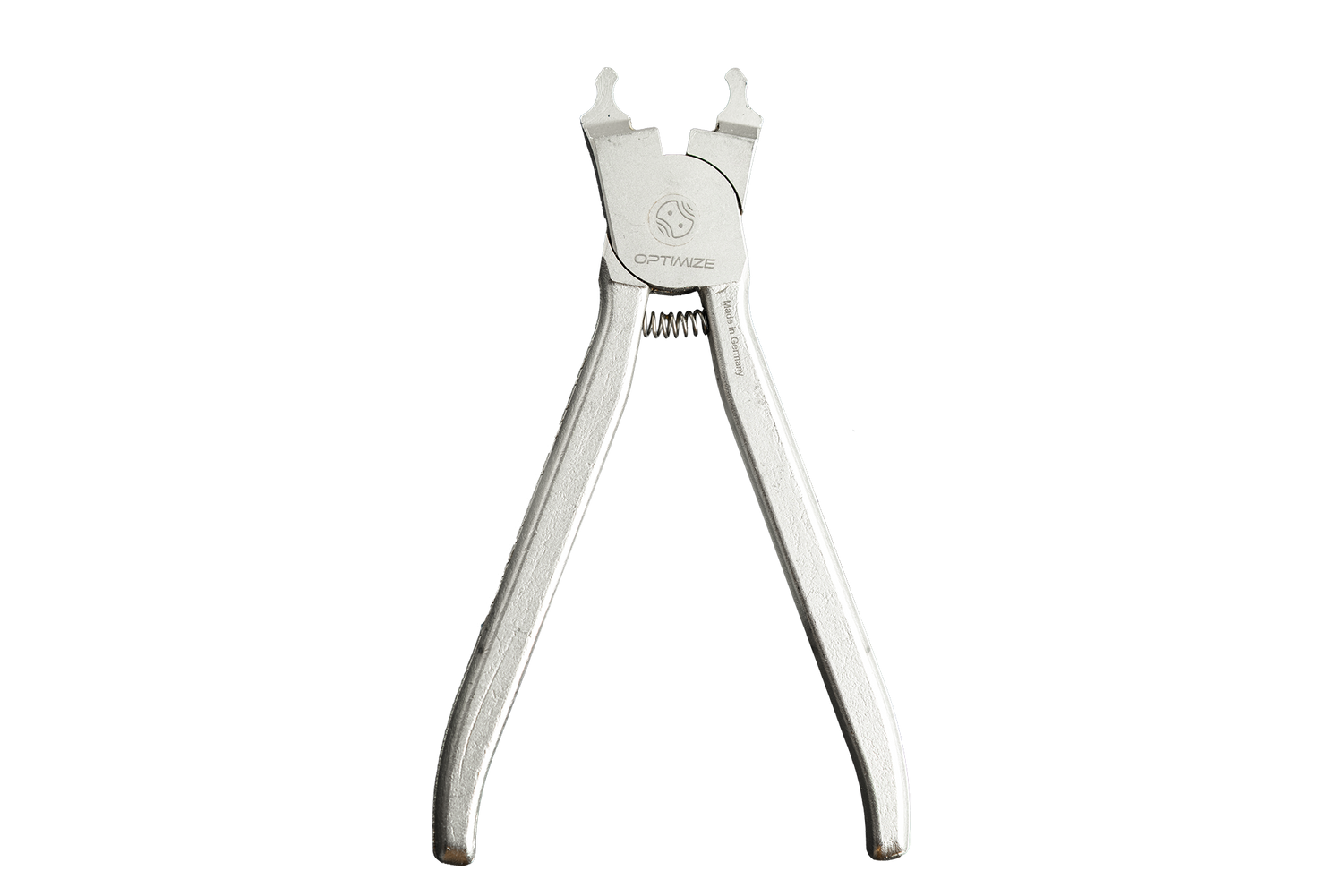 Die Optimize Kettenzange der Optimize GmbH ist eine kieferorthopädische Zange aus rostfreiem Stahl mit Federmechanismus, die für zahnärztliche Eingriffe entwickelt wurde, in Deutschland hergestellt wird und auf weißem Hintergrund abgebildet ist.