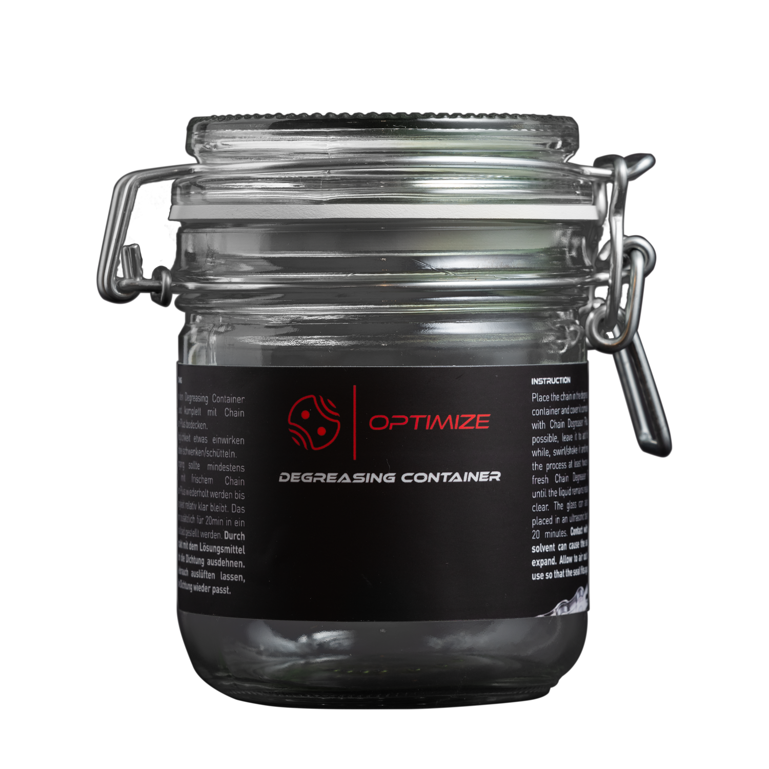 Ein Klarglasbehälter mit der Aufschrift OPTIMIZE DEGREASING CONTAINER mit einem Metallverschluss und einem schwarzen Etikett, perfekt für die Aufbewahrung von Kettenwachs. Das leere Glas hat einen versiegelten Deckel und ist mit einer Anleitung und einem Branding versehen, um die Verwendung zu erleichtern.