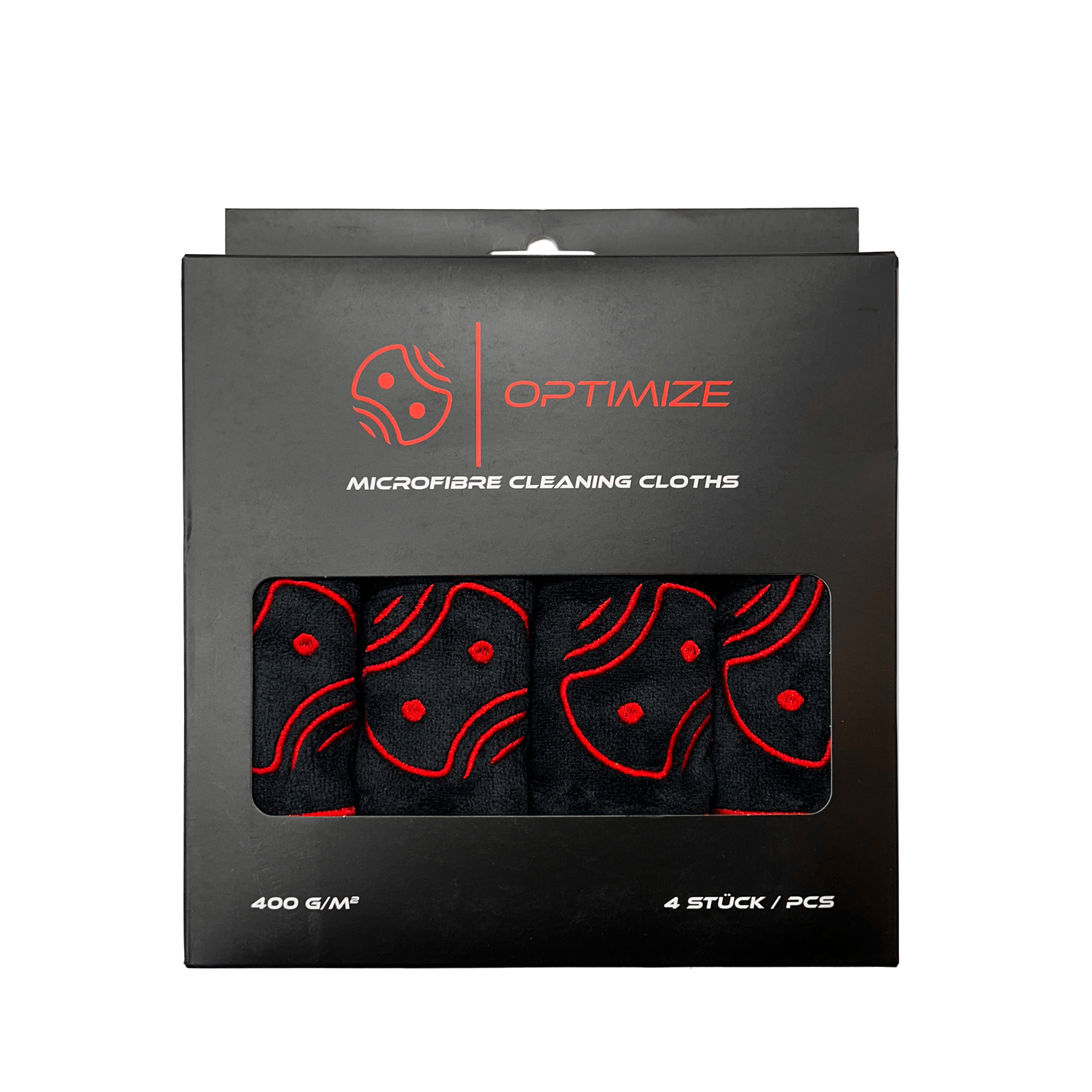 Eine schwarze OPTIMIZE Box der Optimize GmbH enthält 4 Optimize Mikrofaser Reinigungstücher (400 G/M²), rot gemustert und durch ein Klarsichtfenster sichtbar. Ideal für Fahrradketten reinigen; enthält 4 Stück / Stk.