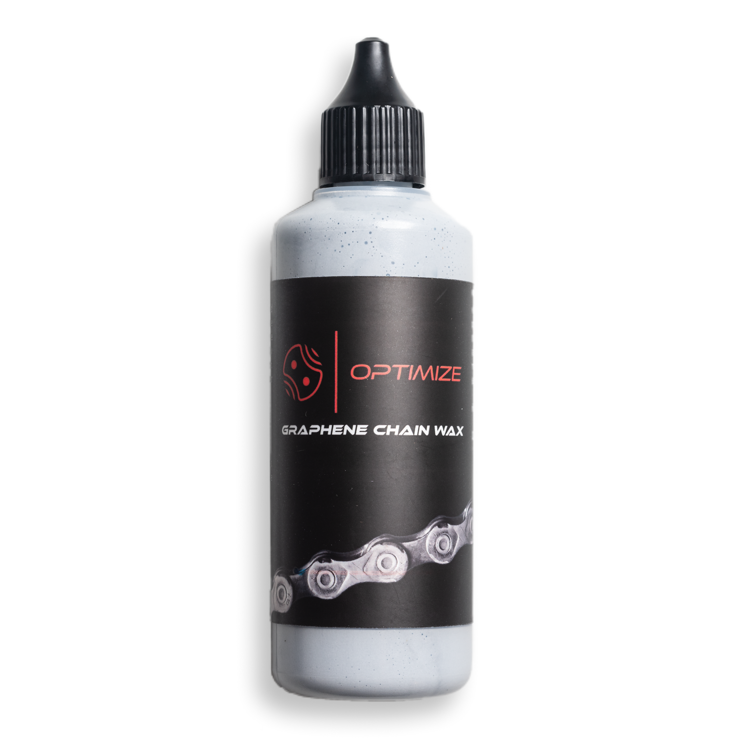 Eine Flasche Mein Shop Optimize Graphen-Kettenwachs mit einem schwarzen Spritzverschluss. Das Etikett ist schwarz mit roter und weißer Schrift und einer Fahrradkettengrafik - ideal für hohe Laufleistung.