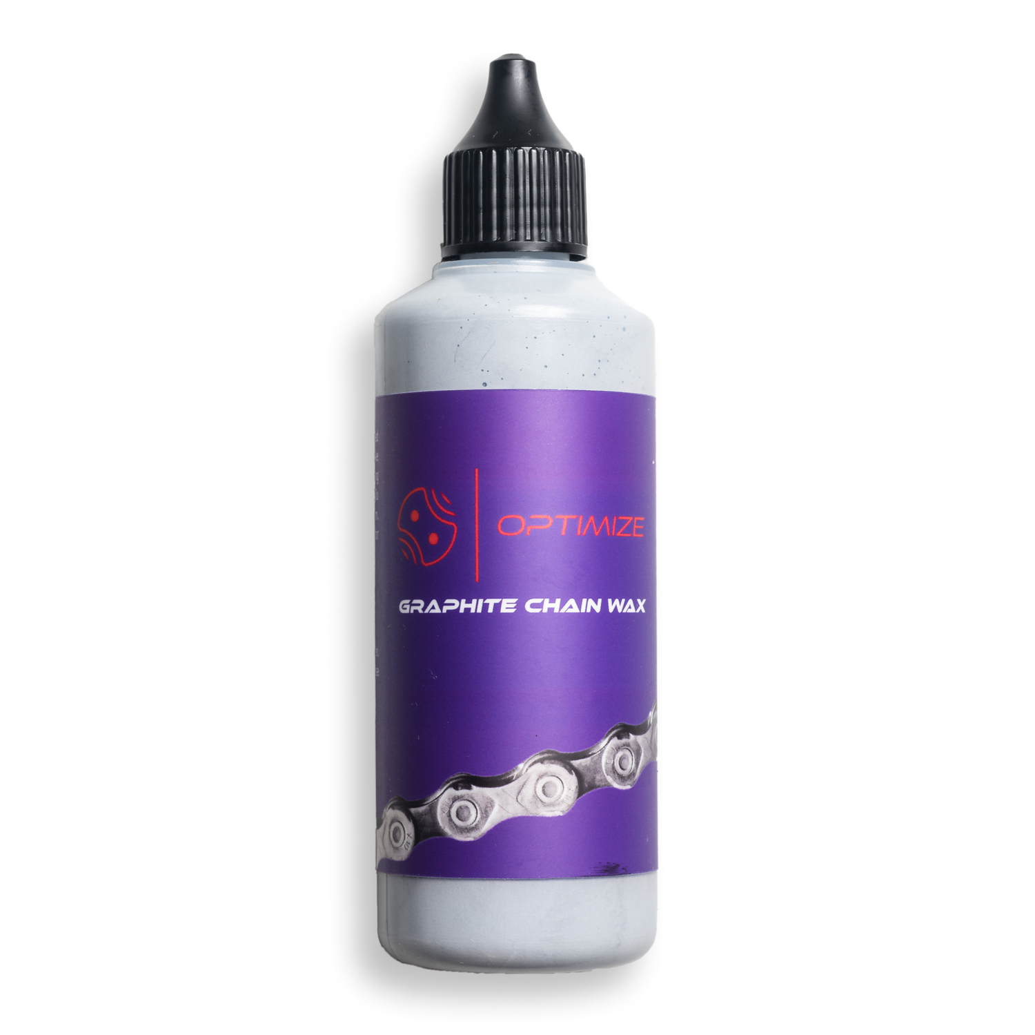 Eine Flasche mit der Aufschrift Mein Shop Optimize Graphit-Kettenwachs mit einem schwarzen Verschluss und einem lila Etikett mit einer silbernen Fahrradkettengrafik, perfekt für die Flüssigwachs Fahrrad Kettenschmierung.