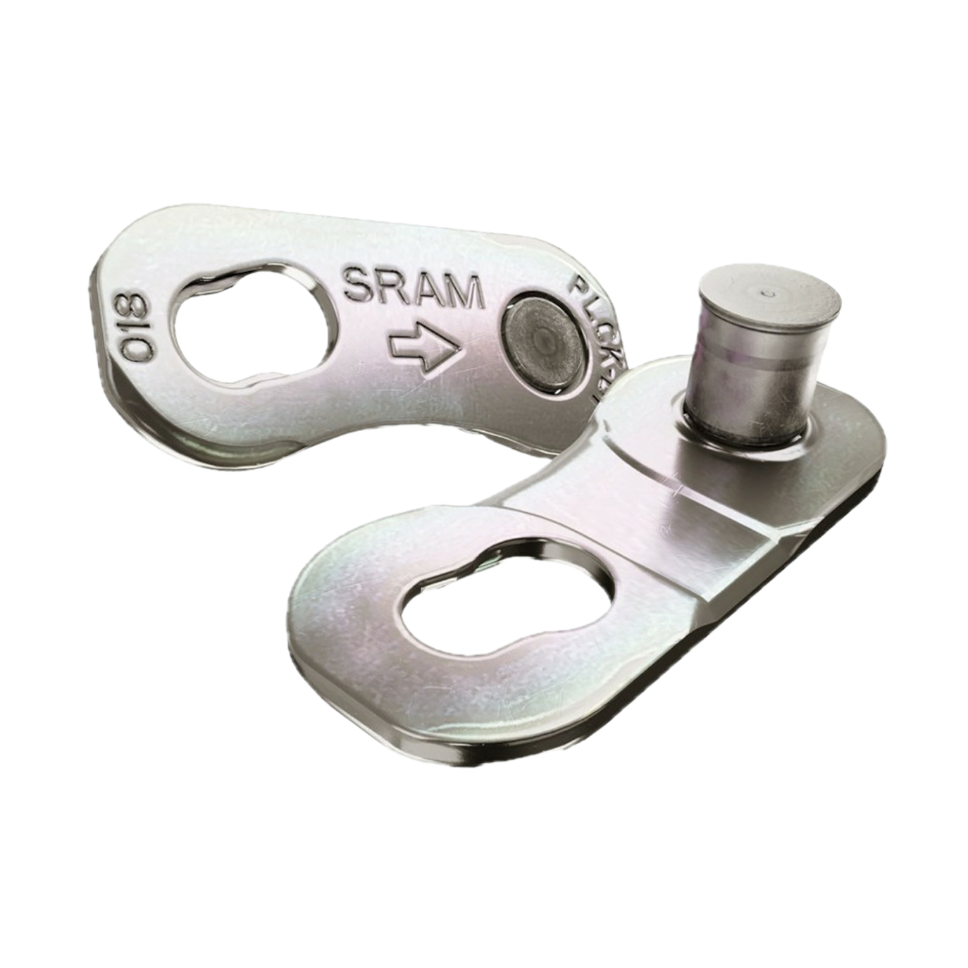 Zwei silberne SRAM Flattop Powerlock Schnellspanner der Optimize GmbH, einer mit Pfeil und SRAM graviert, der andere mit einem teilweise eingesteckten Stift, sind auf weißem Grund abgebildet - ein perfektes Kettenglied für die Verwendung mit einer Kettenzange.