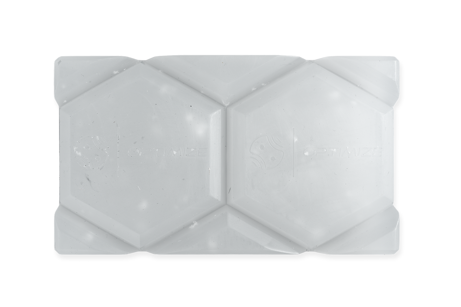 Ein transluzenter, rechteckiger Stab mit der Aufschrift Indoor Heißwachs von Optimize GmbH erinnert in der Draufsicht mit seinem geometrischen Sechseckmuster an intelligente Trainingsgeräte.