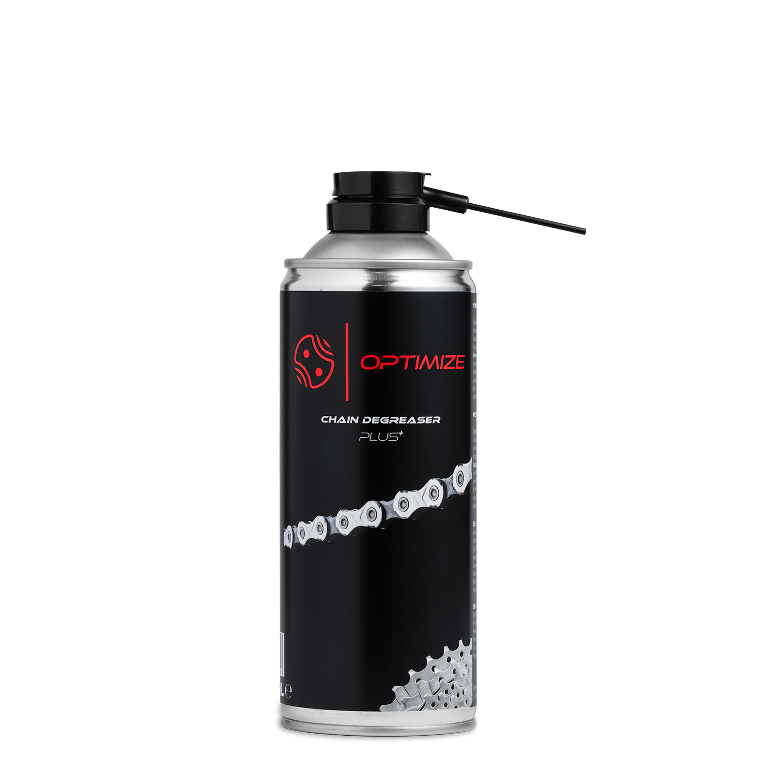 Eine silber-schwarze Sprühdose mit dem Optimize Entfettungsset von Fast Bundle, ideal für die Reinigung des Antriebsstrangs, ist mit einem roten Logo, einer Kunststoffdüse und einem Bild einer Fahrradkette und -schaltung auf dem Etikett versehen, alles auf einem schlichten weißen Hintergrund.
