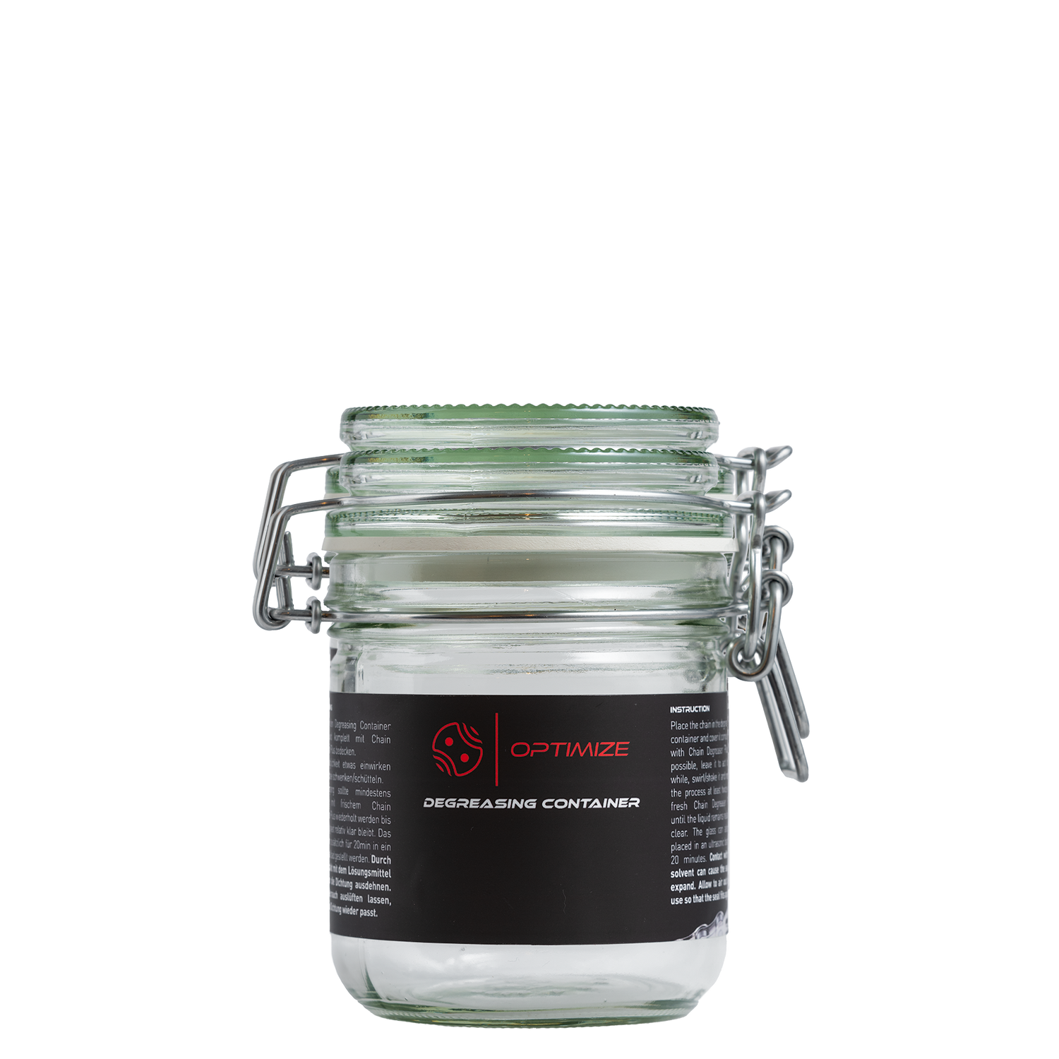 Ein Klarglasbehälter mit Metallverschluss und einem schwarz-roten Etikett mit der Aufschrift OPTIMIZE und DEGREASING CONTAINER aus dem Optimize Entfettungsset von Fast Bundle. Perfekt für die Aufbewahrung von Kettenentfetter, wird leer auf weißem Hintergrund verkauft.