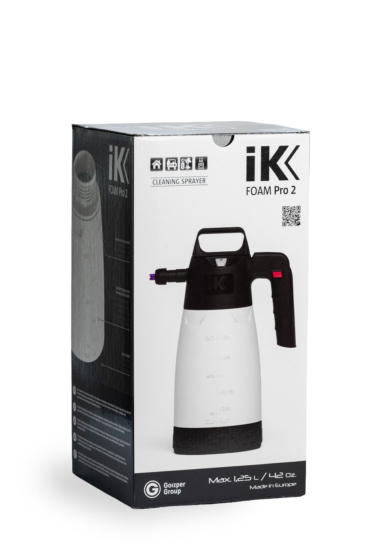 Kartonverpackung für einen IK FOAM Pro 2 – Pumpsprüher zur Fahrradreinigung, mit Produktabbildung und Text, einschließlich Reinigungssprühgerät und max. 1,25 l / 42 oz.