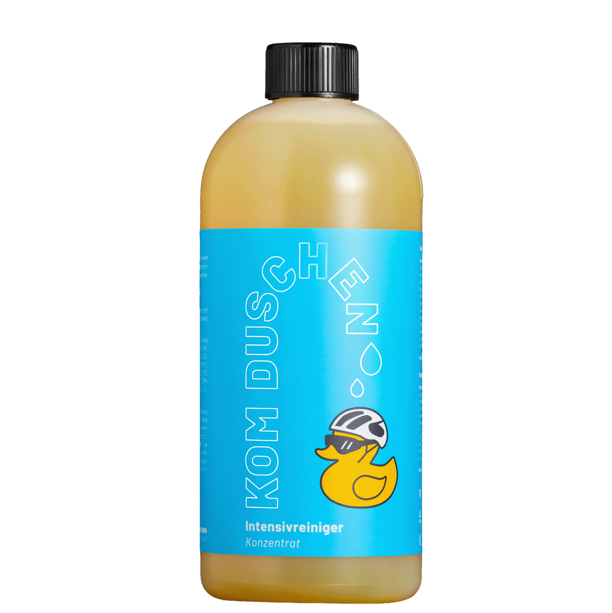 Eine Flasche gelber Intensivreiniger – Konzentrat mit einem blauen Etikett, auf dem eine Gummiente mit Fahrradhelm und Sonnenbrille abgebildet ist.