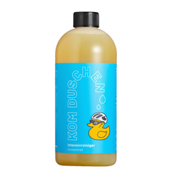 Eine Flasche gelber Intensivreiniger – Konzentrat mit einem blauen Etikett, auf dem eine Gummiente mit Fahrradhelm und Sonnenbrille abgebildet ist.