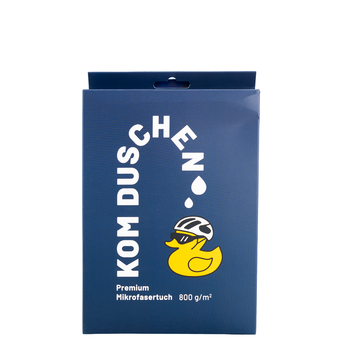 Eine blaue, rechteckige Produktverpackung für ein Mikrofasertuch – Premium 800 g/m² – mit der Abbildung einer Cartoon-Gummiente, die einen Fahrradhelm und eine Sonnenbrille trägt, sowie dem Text KOM DUSCHEN.