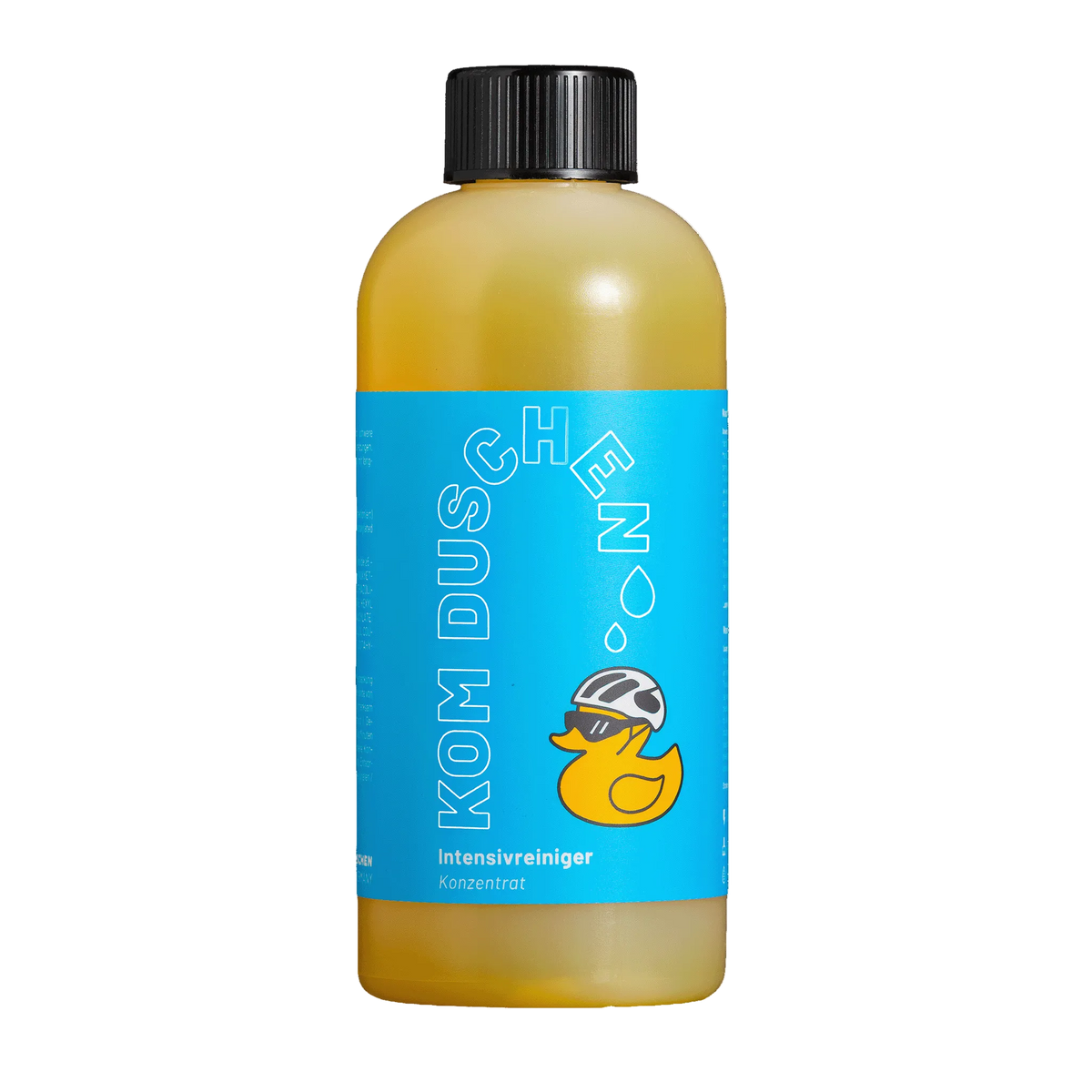 Eine Plastikflasche Intensivreiniger – Konzentrat, gefüllt mit gelber Flüssigkeit, mit einem blauen Etikett, auf dem eine Gummiente mit Sonnenbrille und Helm abgebildet ist.