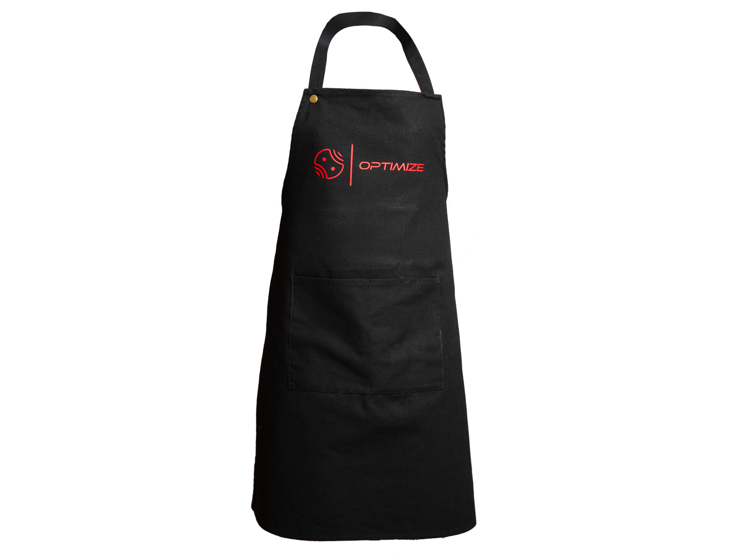Die Optimize Heißwachsschürze von Mein Shop ist eine schwarze Baumwollschürze mit einer Vordertasche, einem verstellbaren Nackenband und einem roten Logo mit 