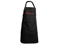 Die Optimize Heißwachsschürze von Mein Shop ist eine schwarze Baumwollschürze mit einer Vordertasche, einem verstellbaren Nackenband und einem roten Logo mit "OPTIMIZE" auf der Brust - perfekt für Fahrradwerkstätten. Abgebildet auf einfarbig weißem Hintergrund.