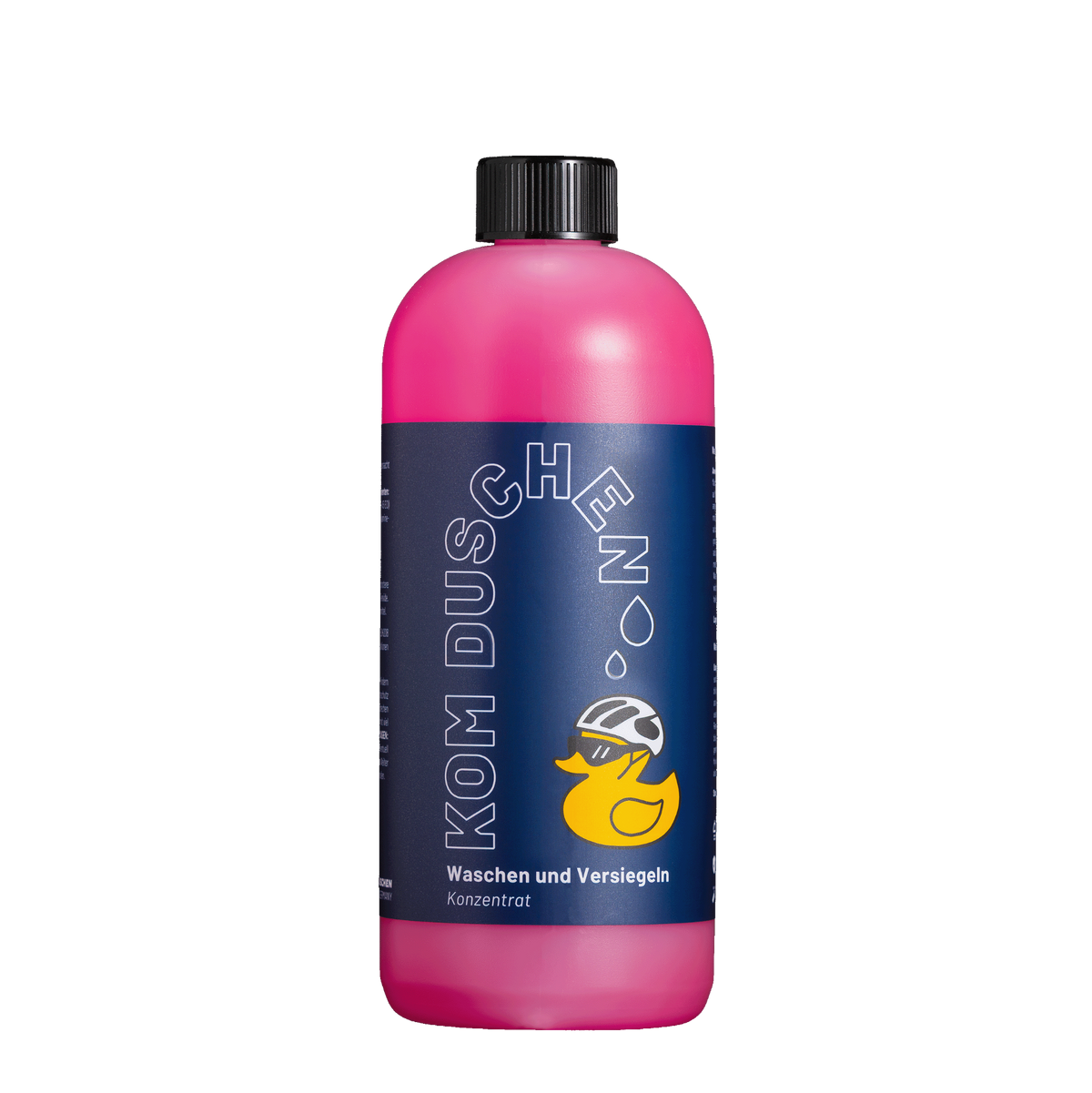 Eine Flasche Waschen und Versiegeln – Konzentrat, ein rosa Fahrradwaschkonzentrat mit einem dunkelblauen Etikett, auf dem eine gelbe Gummiente mit Fahrradhelm abgebildet ist.