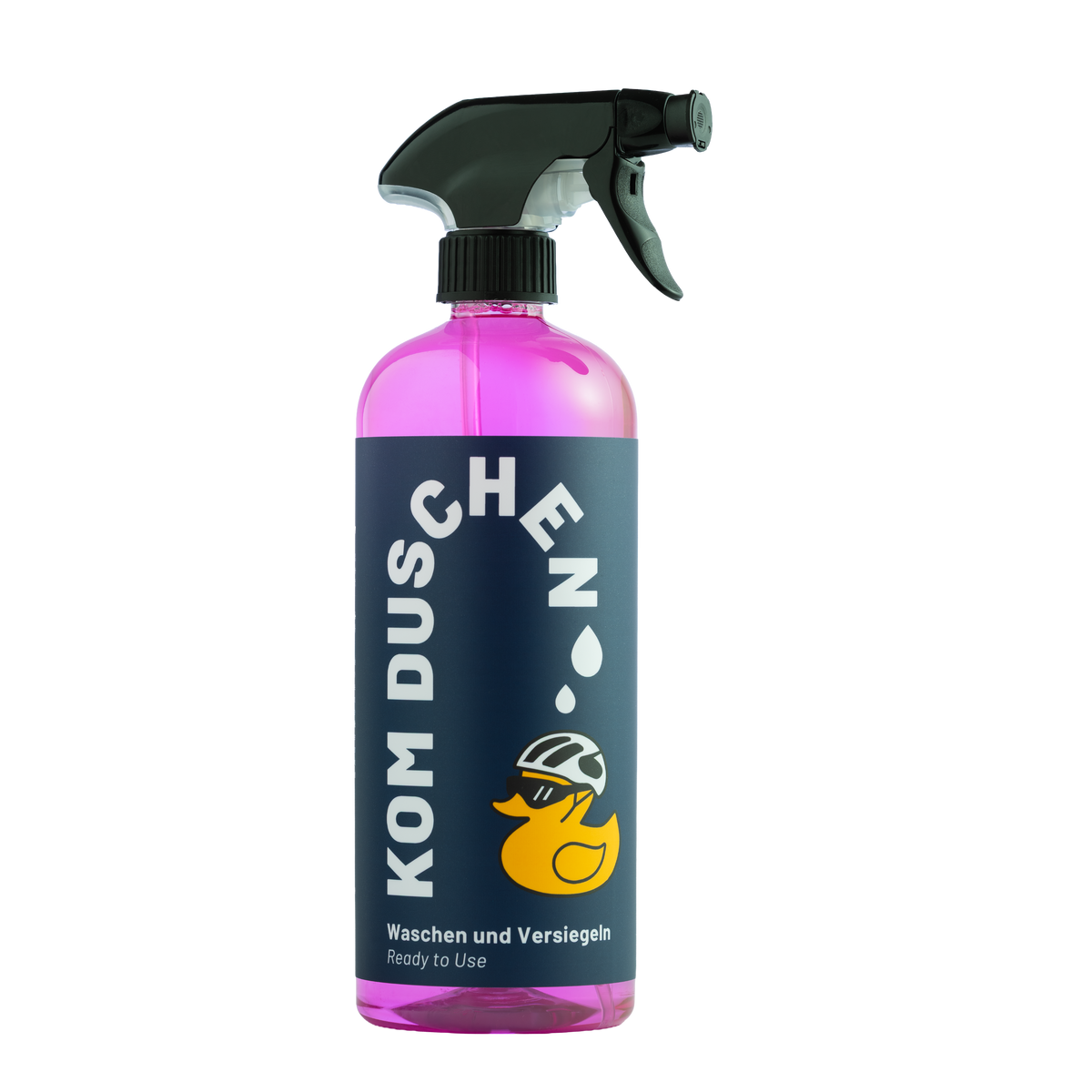 Eine rosa Sprühflasche mit dem Produkt Waschen und Versiegeln – Ready to Use von KOM Duschen GmbH, versehen mit einem Etikett, auf dem eine Gummiente mit Fahrradhelm abgebildet ist.
