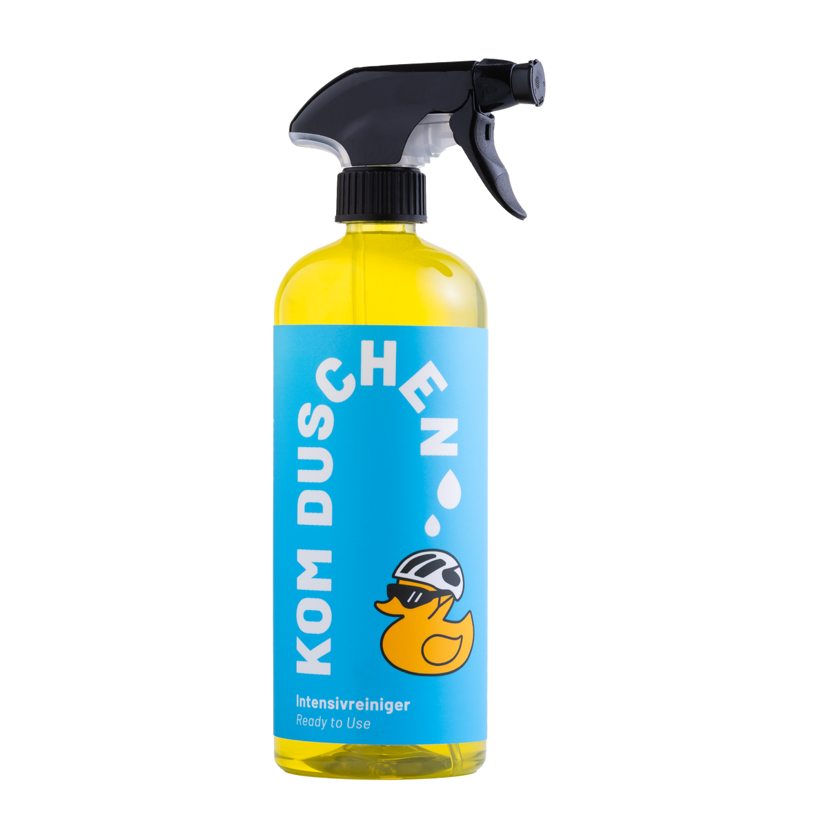 Eine durchsichtige Sprühflasche aus Kunststoff mit der Aufschrift Intensivreiniger – Gebrauchsfertig, gefüllt mit gelber Flüssigkeit, versehen mit einem hellblauen Etikett, auf dem eine gelbe Gummiente mit Fahrradhelm und Sonnenbrille abgebildet ist.