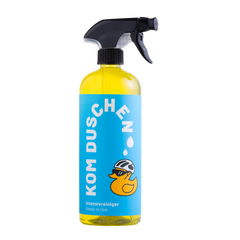 Eine durchsichtige Sprühflasche aus Kunststoff mit der Aufschrift Intensivreiniger – Gebrauchsfertig, gefüllt mit gelber Flüssigkeit, versehen mit einem hellblauen Etikett, auf dem eine gelbe Gummiente mit Fahrradhelm und Sonnenbrille abgebildet ist.