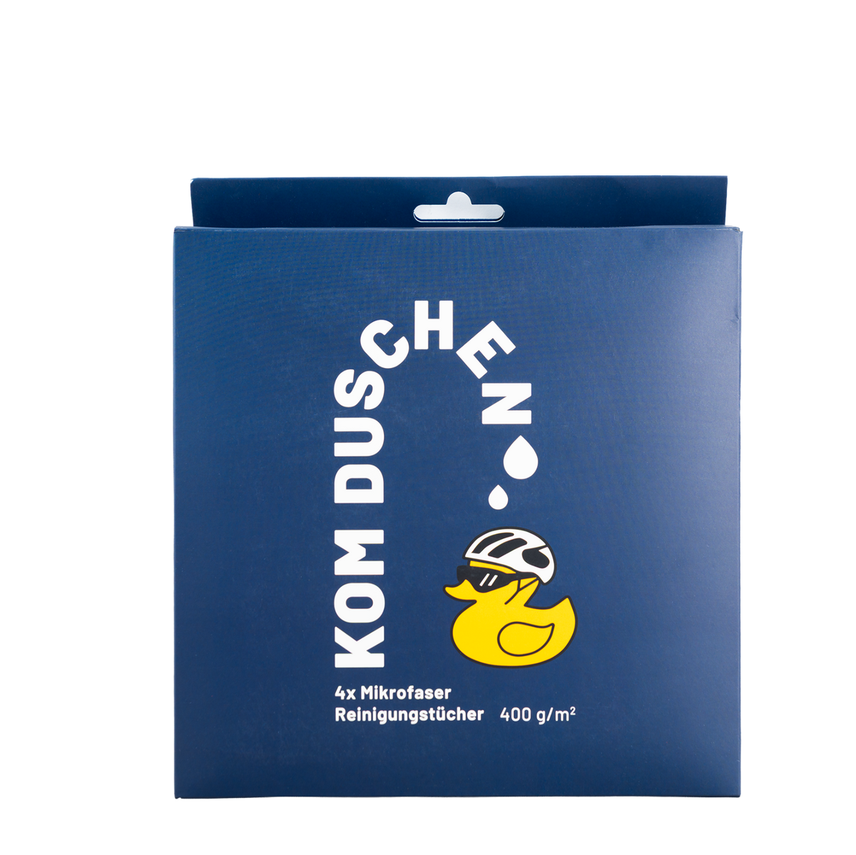 Eine blaue Schachtel mit Mikrofasertüchern – Reinigungstücher 400 g/m² (4 Stück) – mit dem Logo einer gelben Gummiente, die eine Sonnenbrille und einen Helm trägt.