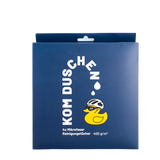 Eine blaue Schachtel mit Mikrofasertüchern – Reinigungstücher 400 g/m² (4 Stück) – mit dem Logo einer gelben Gummiente, die eine Sonnenbrille und einen Helm trägt.
