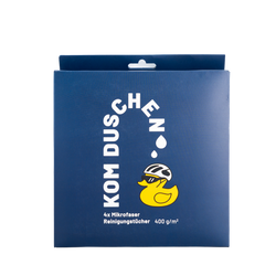 Eine blaue Schachtel mit Mikrofasertüchern – Reinigungstücher 400 g/m² (4 Stück) – mit dem Logo einer gelben Gummiente, die eine Sonnenbrille und einen Helm trägt.