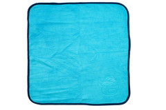 Quadratisches hellblaues Mikrofasertuch – Reinigungstücher 400 g/m² (4 Stück), Mikrofaser-Reinigungstuch mit dunkelblauem Rand und geprägtem Entenlogo in der Ecke, geeignet für den Hausgebrauch.