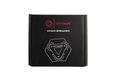 Schwarze Schachtel mit dem Logo der Optimize GmbH und dem Schriftzug „Kettenbrecher mechanisch“ in Weiß/Rot, verziert mit einer technischen Zeichnung eines Kettenbrechers – ideal zum Heißwachsen von Ketten oder zur Wartung von Riemenscheiben.