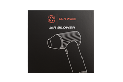 Auf dem schwarzen Karton ist eine weiße Strichzeichnung des Optimize Akku Luftgebläse, ideal zum Trocknen von Fahrrädern. "OPTIMIZE" und "AIR BLOWER" sind aufgedruckt, darüber ein abstraktes orangefarbenes Logo. Marke: Optimize GmbH.