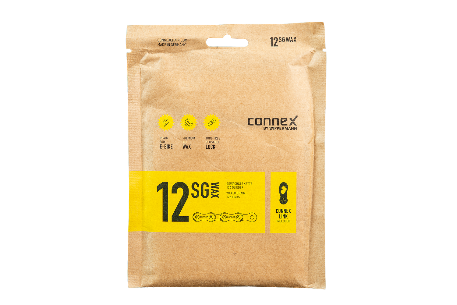 Eine braune Papierverpackung mit der Aufschrift Connex 12SG WAX Messing von Optimize GmbH enthält eine vorgewachste 12-fach Kette und ein Connex-Glied. Gelbe und schwarze Grafiken heben die einfache Anwendung, den Schutz und die sicheren Verriegelungsfunktionen hervor.