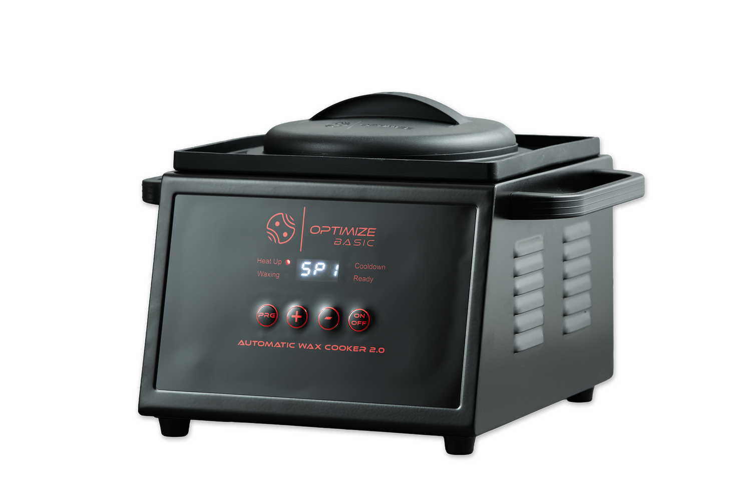 Der Optimize GmbH Optimize Automatik Wachskocher 2.0 ist ein schwarzer Wachskocher mit Digitalanzeige (zeigt 5 P), präziser Temperaturregelung, Deckel, seitlichen Griffen und leicht zugänglichen Tasten an der Vorderseite. Bezeichnet mit OPTIMIZE BASIC.